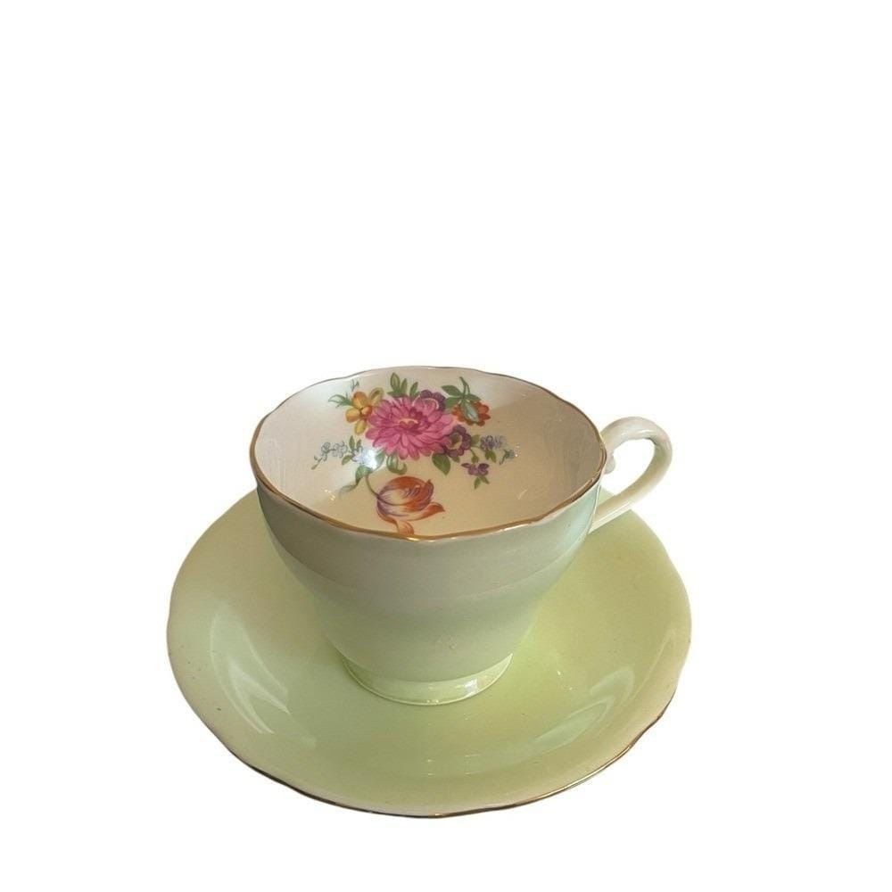 Aynsley Bone China Teacup Saucer Set Pale Green Floral Interior England Vintage